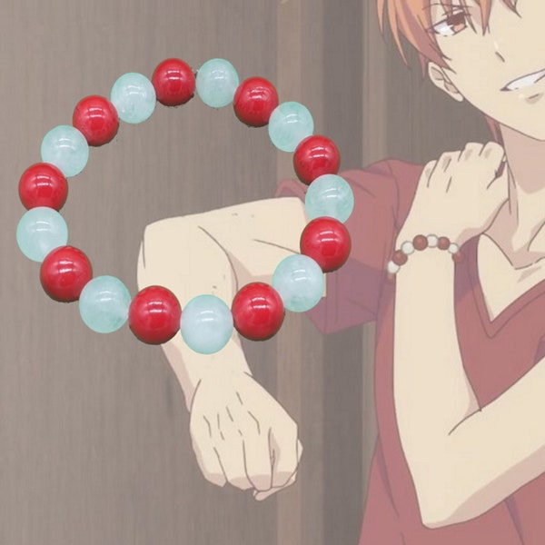 Kyo Sohma Anime Red White Bracelet, Red Black onyx White Chalcedony Natural Stones, Fruit Basket Cosplay Bracelet, Gift for Anime Manga Fans