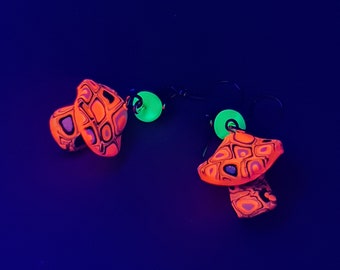UV Psychedelic Red Green White Magic Mushroom Earrings,  Blacklight Polymer Clay, Fluorescent UV active , Rave Party Drop Dangle Earrings