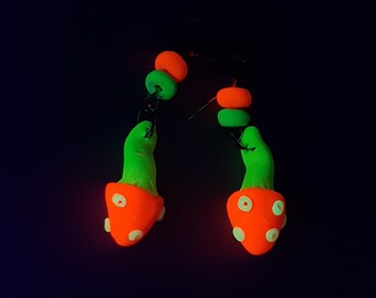 UV Psychedelic Yellow Red Green Magic Mushroom earrings, Black light Polymer Clay, Fluorescent UV active, Drop Dangle Neon Rave Party