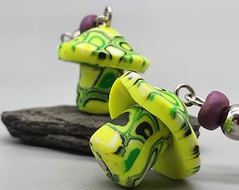 UV Psychedelic Yellow Green Purple Mushroom Earrings,  Blacklight Polymer Clay, Fluorescent UV active , Neon Rave Party Drop Dangle