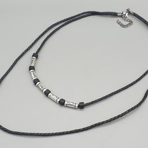 Necklace with Silver Textured Metal and Black Ceramic Beads, Cotton Cord or Real Leather Costume Cosplay Assassin Necklace, Themed Party