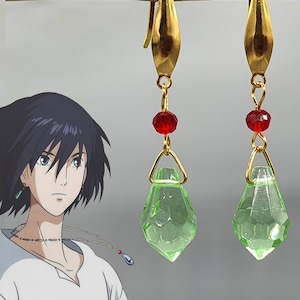 Howl&#39;s Earrings, Howls Moving Castle anime inspired cosplay earrings, Green Red Glass Beads Steel Hooks, Anime Manga Fans gift jewellery