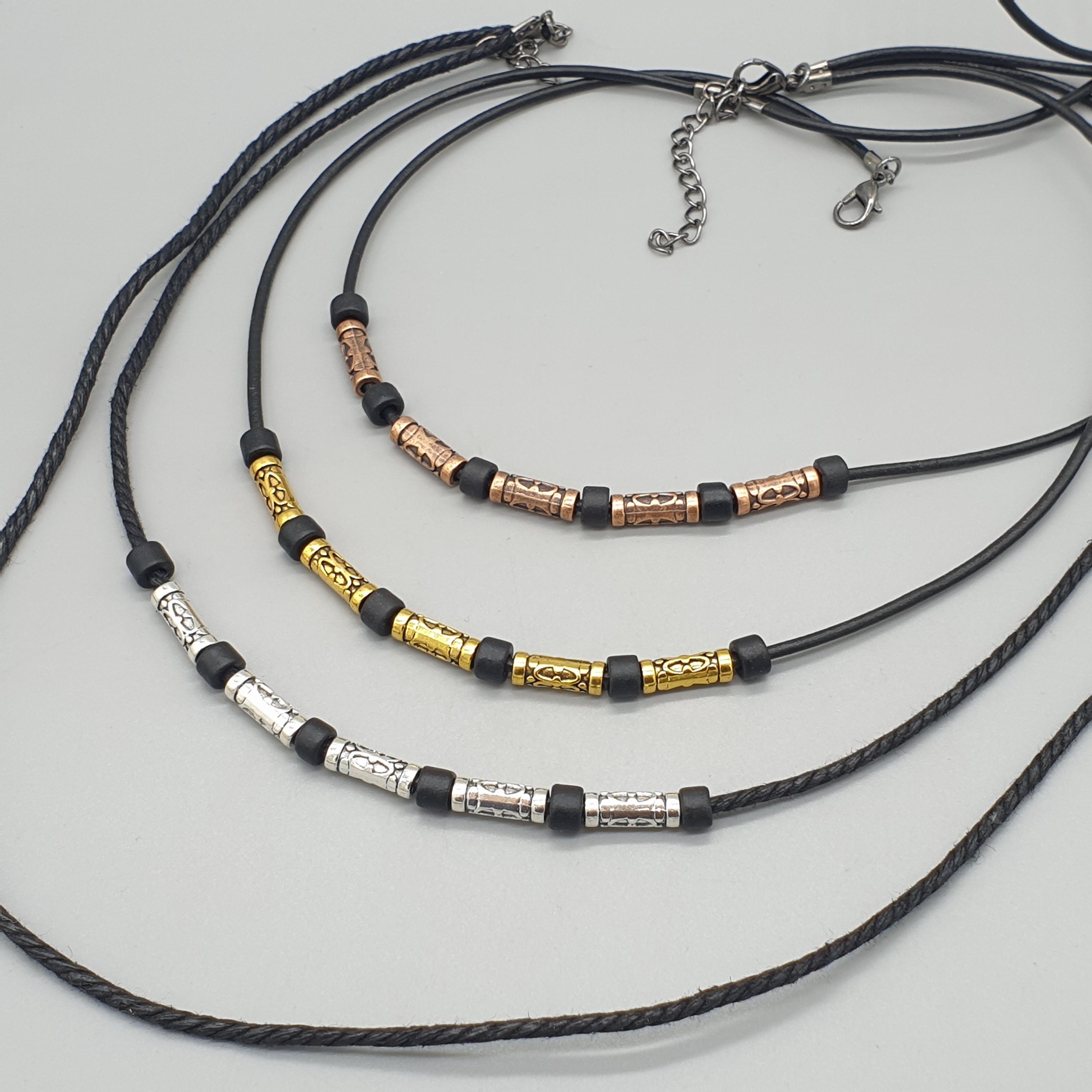 Necklace With Textured Metal and Black Ceramic Beads, Silver