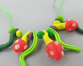 UV-psychedelische Pilzkette mit grüner UV-Kordel, Schwarzlicht-Polymerknete, fluoreszierend, UV-aktiv, Rave-DIY