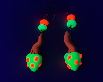UV Psychedelic Purple Yellow Red White Magic Mushroom earrings, Black light Polymer Clay, Fluorescent UV active, Drop Dangle Neon Rave Party