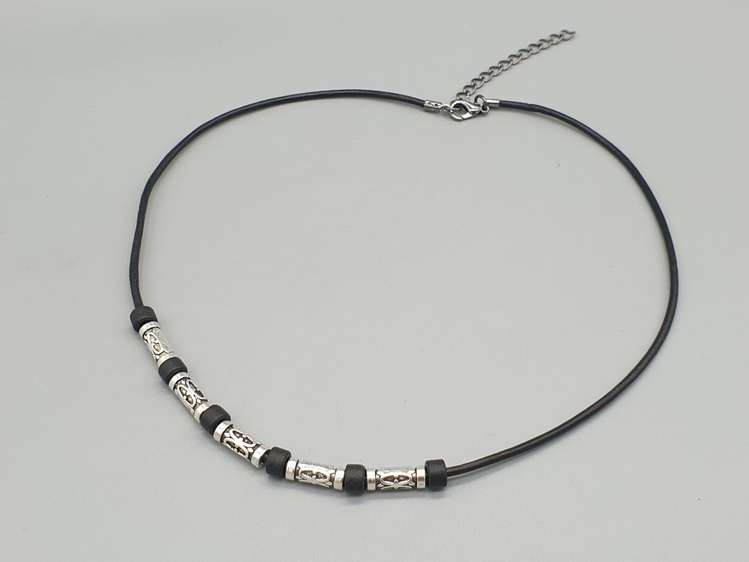 Necklace With Textured Metal and Greek Black Ceramic Beads