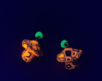 UV Psychedelic Orange Green White Magic Mushroom Earrings,  Blacklight Polymer Clay, Fluorescent UV active , Rave Party Drop Dangle Earrings