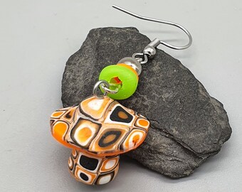 UV Psychedelic Orange Green White Black Magic Mushroom Single Earring, Blacklight Polymer Clay, Fluorescent UV active, Rave Neon Drop Dangle