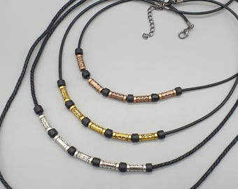 Necklace With Textured Metal and Black Ceramic Beads, Silver