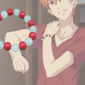 Kyo Sohma Anime Red White Bracelet, Red Black onyx White chalcedony natural stones, Fruit Basket cosplay bracelet, Gift for Anime Manga Fans