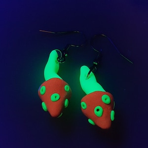 UV Psychedelic Purple Green Yellow Black Drop Dangle Magic Mushroom Earrings, Blacklight Polymer Clay, Fluorescent UV active,Rave DIY