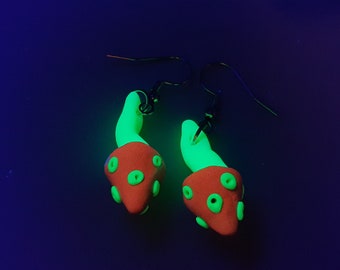 UV Psychedelic Purple Green Yellow Black Drop Dangle Magic Mushroom Earrings, Blacklight Polymer Clay, Fluorescent UV active,Rave DIY