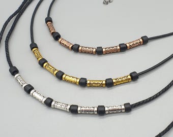 Necklace With Silver Textured Metal and Black Ceramic Beads