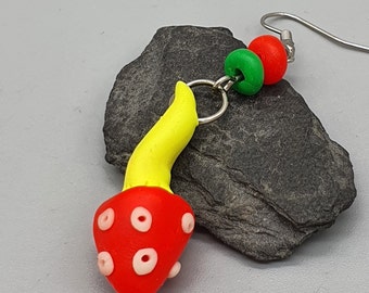 UV Psychedelic Yellow Red Green Magic Mushroom Single Earring, Blacklight Polymer Clay, Fluorescent UV active, Drop Dangle Rave Party Neon