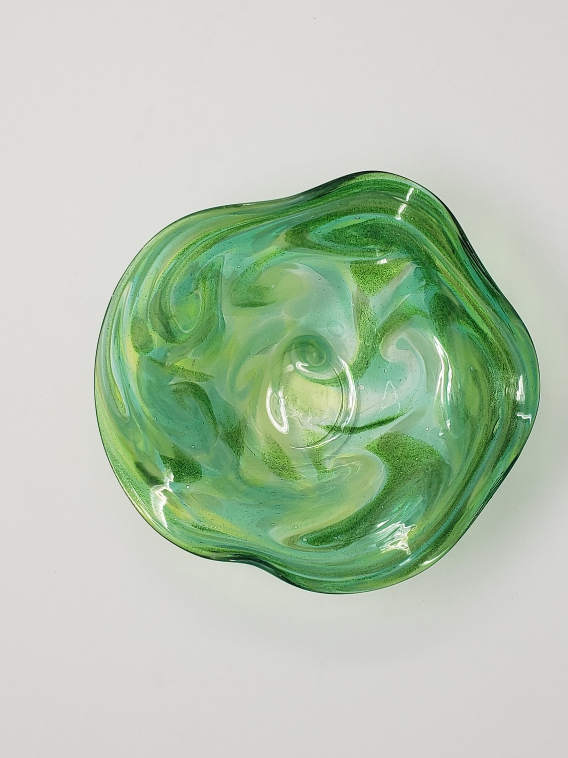 Hand blown green glass fruit bowl Etsy
