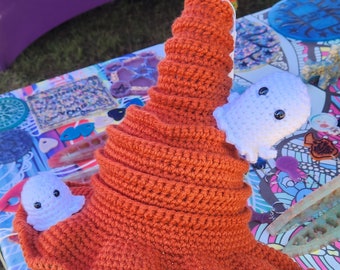 Crochet Pumpkin Witch Hat with Ghosts - Adjustable Brim