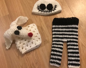 Crochet Jack Skellington, infant to toddler sizes, Halloween Costume with Zero Blanket