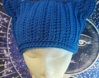 Crocheted Cat Ears Beanie - Slouchy Blue Acrylic Pussy Hat