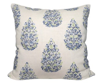 John Robshaw Kedara Blue Pillow Cover - Blue Green Linen Floral Block Print Pillow Cover - Same Fabric on Both Sides - All Sizes Available