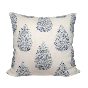 John Robshaw Kedara Blue Pillow Cover - Blue Green Linen Floral Block Print Pillow Cover - Same Fabric on Both Sides - All Sizes Available