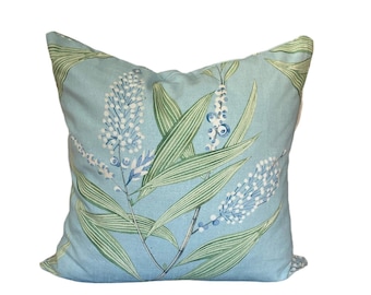 Thibaut Light Blue Floral Pillow Cover - Winter Bud in Soft Blue Toss Pillow - Solid Ivory Linen Backing or Same Fabric on Both Sides