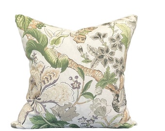 Thibaut Hill Garden Pillow Cover Green Floral Pillow Cover Birds Linen Throw Pillow Hill Garden - Solid Ivory Backing - All Sizes Available