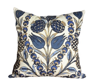 Thibaut Corneila Navy Pillow Cover: Blue Floral Linen Throw Pillow - Solid Ivory  Backing