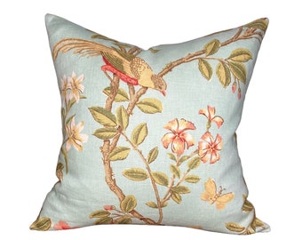 Thibaut Pillow Cover Light Green Bird Floral Pillow Cover Botanical Linen Newman - Same Fabric on Both Sides - Limited Quantity Available