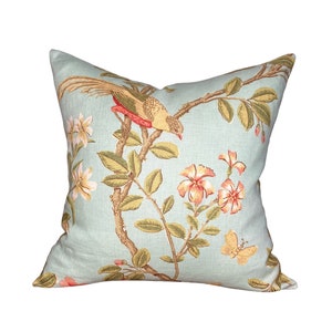 Thibaut Pillow Cover Light Green Bird Floral Pillow Cover Botanical Linen Newman - Solid Salmon Velvet Backing - ONLY TWO LEFT