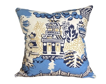 Thibaut Pillow Cover Chinoiserie Luzon Pagoda Throw Pillow Blue Asian Pillow - 20" x 20" RARE FIND - Limited Quantity