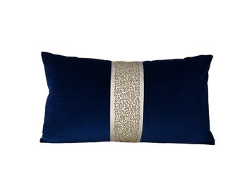 Blue Velvet Lumbar Pillow Cover With Schumacher Beaded Gold Tape Lumbar Navy Velvet Toss Pillow