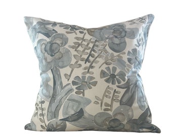 Blue Floral Designer Pillow Cover Barbara Barry Faerie in Cloud Kravet Throw Pillow - Solid Ivory Linen Backing - All Sizes Available