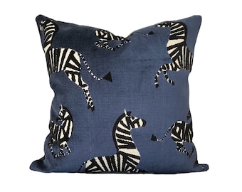 Blue Velvet Zebra Pillow Cover - Dancing Zebra Throw Pillow - Farlowe Rose Zebra Throw Pillow - Solid Black Velvet Backing or Double-sided