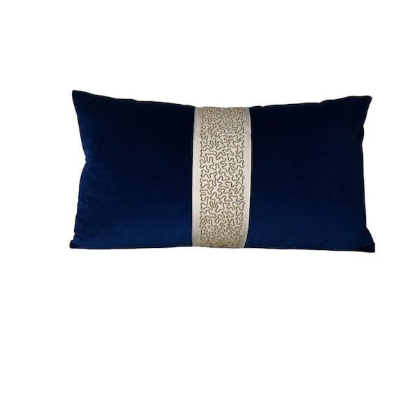 Blue Velvet Lumbar Pillow Cover With Schumacher Beaded Gold Tape Lumbar Navy Velvet Toss Pillow