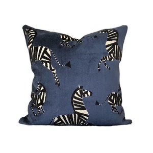 Blue Velvet Zebra Pillow Cover - Dancing Zebra Throw Pillow - Farlowe Rose Zebra Throw Pillow - Solid Black Velvet Backing or Double-sided