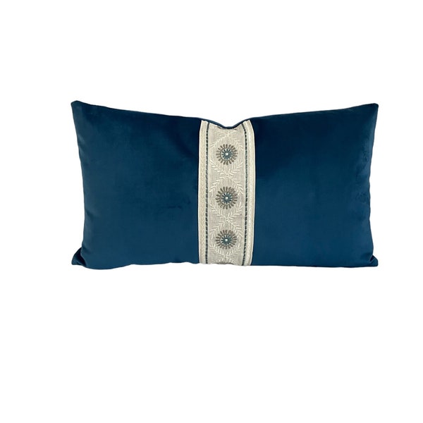 Blue Velvet Pillow Cover Lumbar Colefax and Fowler Tape Rosario Braid Agean Blue Accent Pillow Turquoise Velvet Lumbar Sizes Available