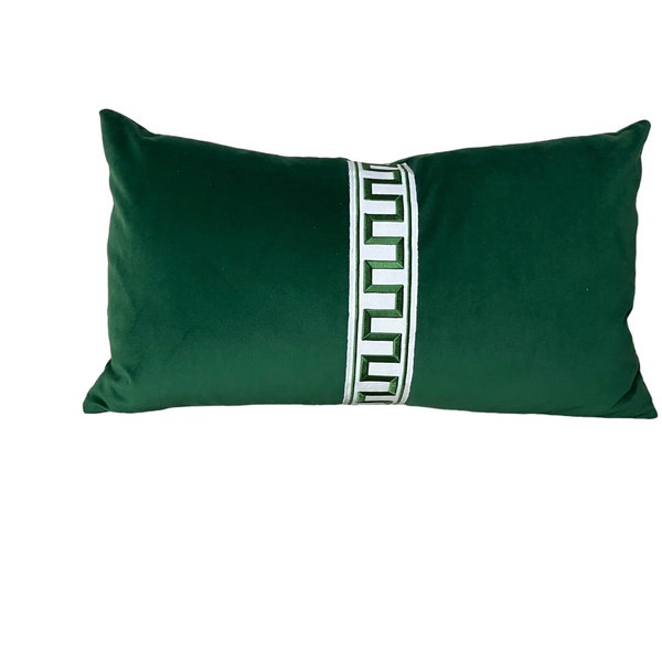 Green Velvet Pillow Cover Greek Key Tape Throw Pillow Emerald Green Velvet Kelly Green Accent Pillow - 14" x 24" -ONLY 2 LEFT