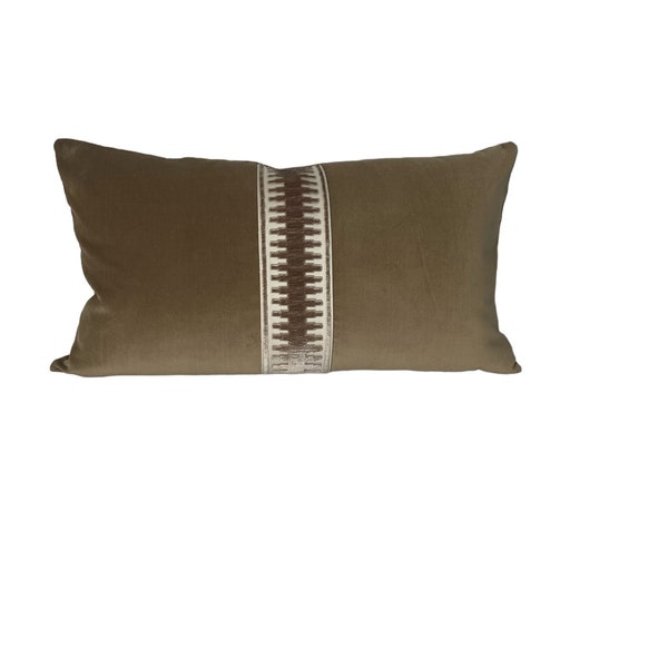 Brown Velvet Pillow Cover with Velvet Tape Lumbar Throw Pillow - ONLY 4 AVAILABLE - Velvet Accent Pillow with Decorative Tape