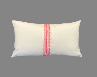 White Cotton Lumbar Pillow Cover Pink Embroidered Tape Accent Pillow Lumbar Sizes Available