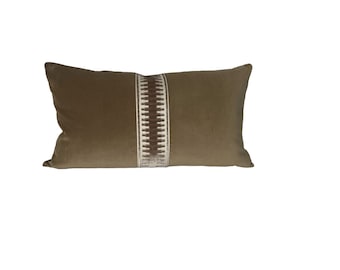 Brown Velvet Pillow Cover with Velvet Tape Lumbar Throw Pillow - ONLY 4 AVAILABLE - Velvet Accent Pillow with Decorative Tape