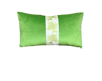 Green Velvet Lumbar Pillow Cover With Embroidered Floral Tape Emerald Green Accent Pillow Kelly Green Velvet Toss Pillow - Lumbar Sizes