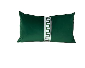 Green Velvet Pillow Cover Velvet Lumbar Emerald Green Greek Key Throw Pillow Kelly Green 14" x 24" -ONLY 2 LEFT