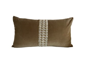 Brown Velvet Pillow Cover with Raffia Trim Throw Pillow Lumbar Velvet Toss Pillow