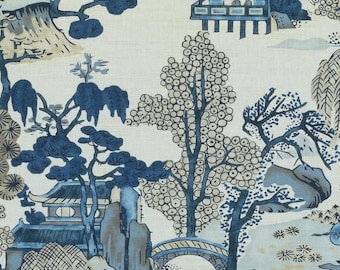 Thibaut Stoff mit asiatischem Landschaftsmotiv, Leinen-Baumwoll-Mischgewebe im Chinoiserie-Stil, Pagoden-Toile-Polsterstoff, 6 Farbvarianten