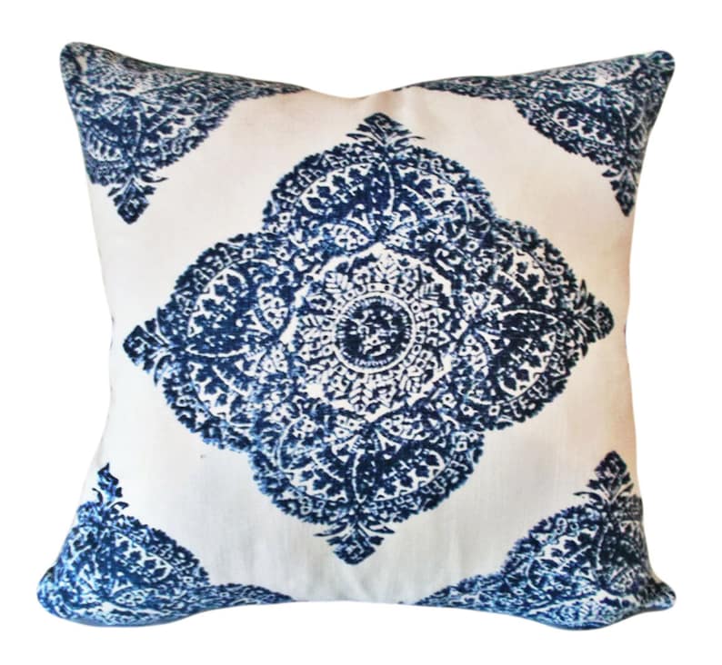 John Robshaw Blue Medallion Fabric for Pillow Covers by Pillowtimegirls Solid Linen Backing ALL SIZES AVAILABLE image 1