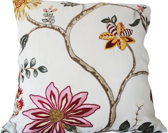 Embroidered Pink Floral Linen Pillow Cover Vintage Fabric Pillow - Ivory Linen Back RARE FIND