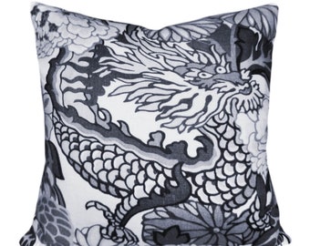 Schumacher Chiang Mai Dragon Pillow Cover: Linen Decorative Toss Pillow