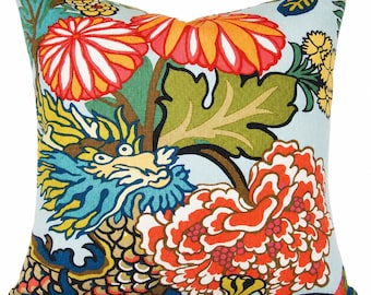 Schumacher Chiang Mai Dragon Aquamarine Pillow Cover, Chinoiserie Linen Throw Pillow, Blue Green Orange Designer Accent Pillow