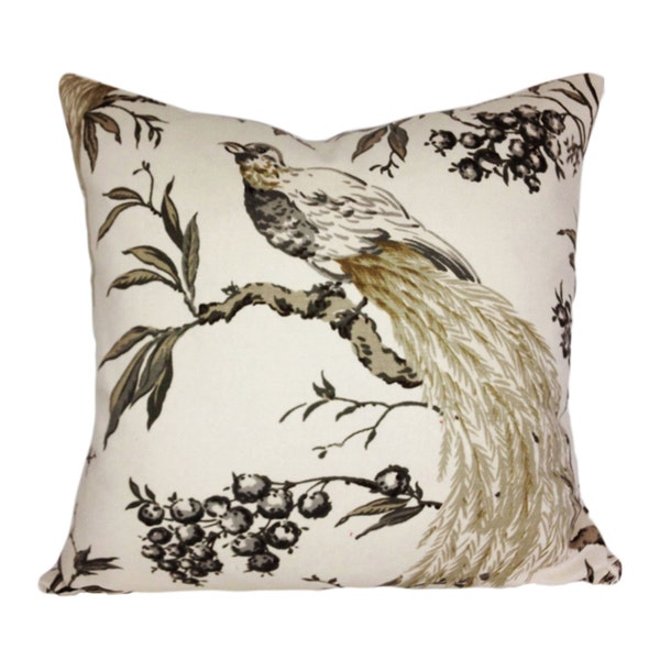 Duralee Winter Bird Tree Pillow Cover - Throw Pillow - Solid Coordinating Velvet Backing - All Sizes Available