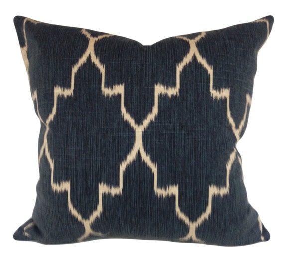 Blue Ikat Pillow Cover: Moroccan Lattice Design, Cotton Slub Fabric